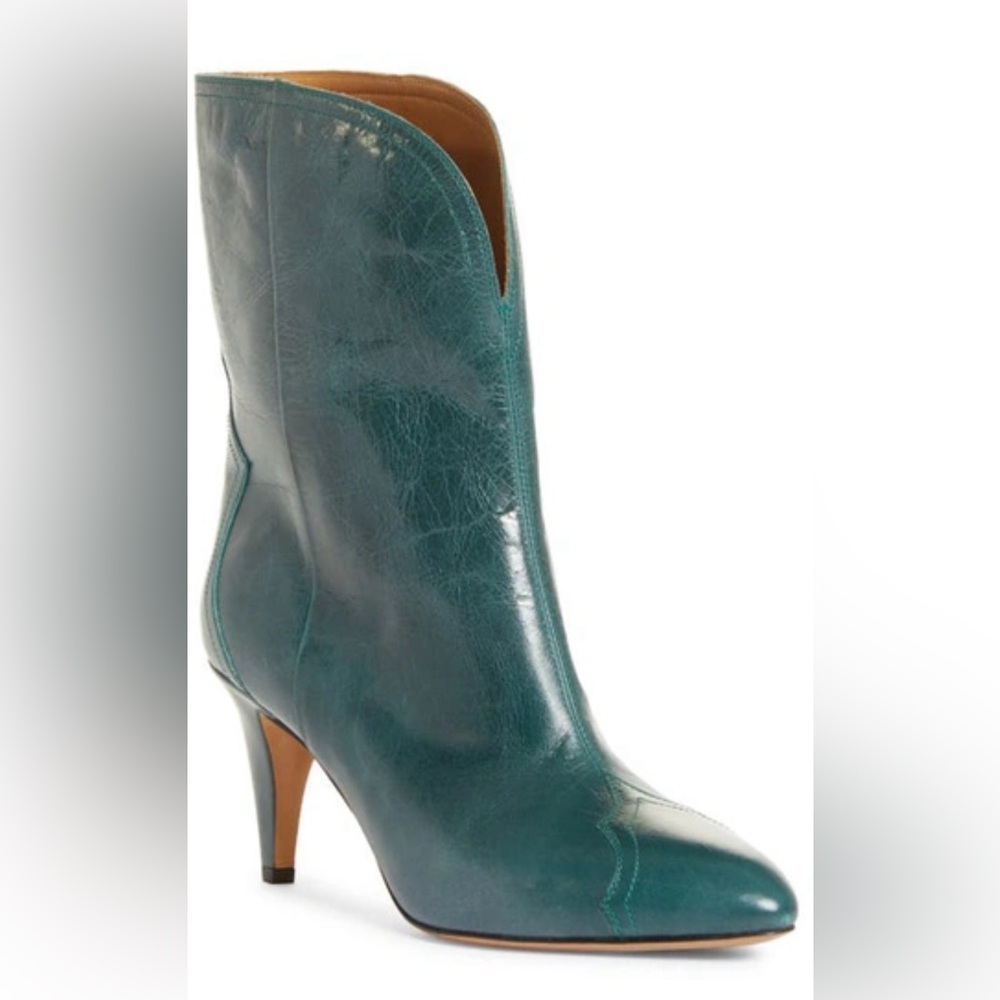 Isabel Marant Teal Leather Pointed-Toe Mid-Heel Ankle Booties